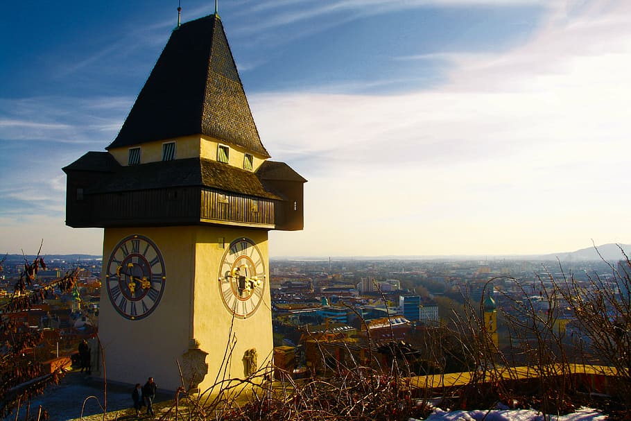 beige and brown painted house with clock over city, graz, austria, HD wallpaper
