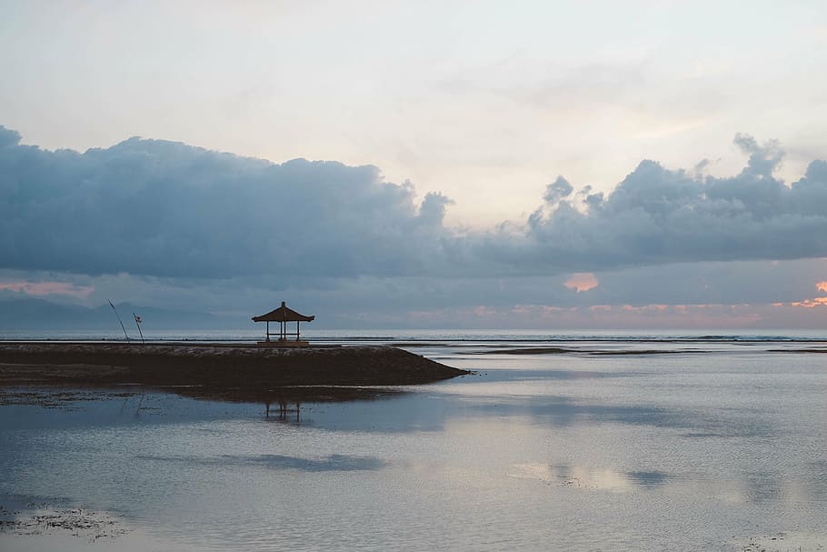 body of water beside seashore, brown, gazebo, blue, sky, clouds HD wallpaper