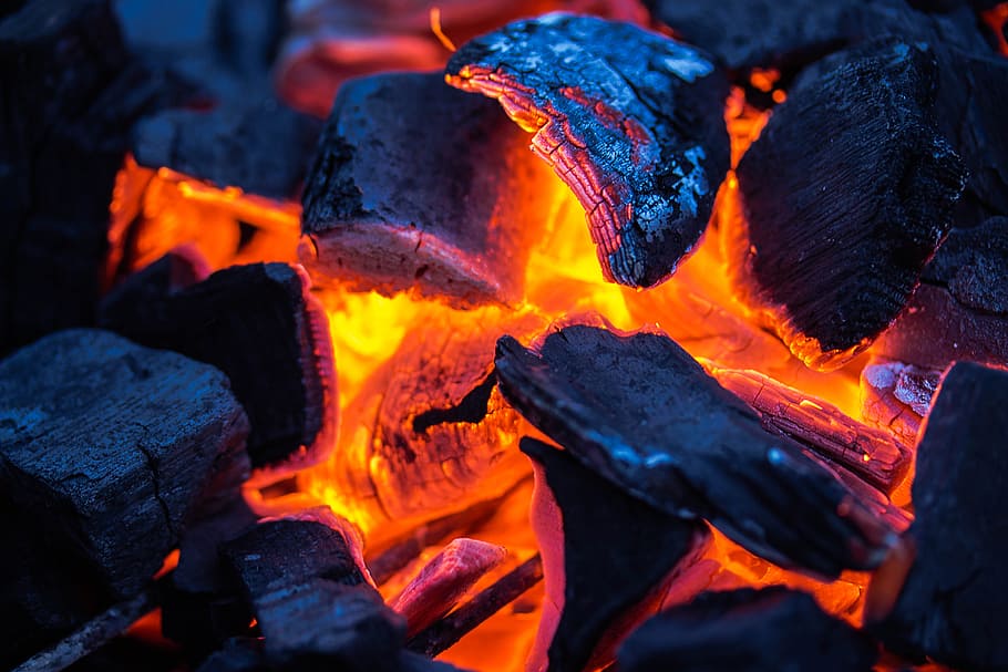 macro lens photography of charcoal burning, carbon, fuel, heat