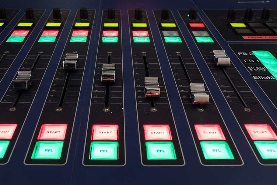 blue and black lighted sound mixer, controller, start, conference lighting, HD wallpaper