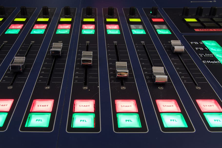blue and black lighted sound mixer, controller, start, conference lighting HD wallpaper