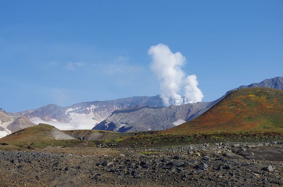 volcano, the eruption, steam release, clouds, a column of ash HD wallpaper