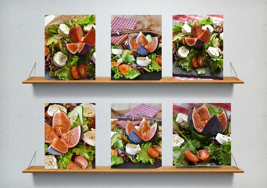 six assorted-color fruit photo frames, salad, figs, cheese, goat cheese, HD wallpaper