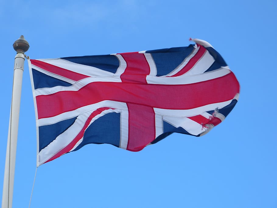 United Kingdom flag on pole, Union Jack, flutter, cross, blue HD wallpaper