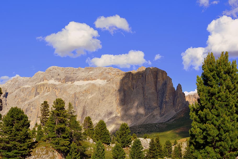 dolomites, shadow, clouds, sky, trees, italy, the group of the sella, HD wallpaper