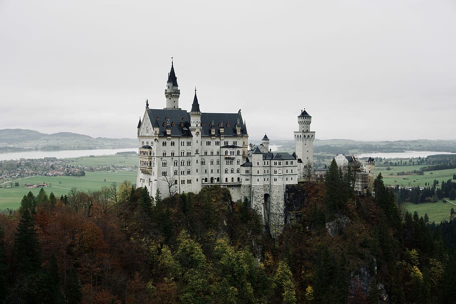 blue and white castle surrounded by trees, white castle on hilltop during daytime HD wallpaper