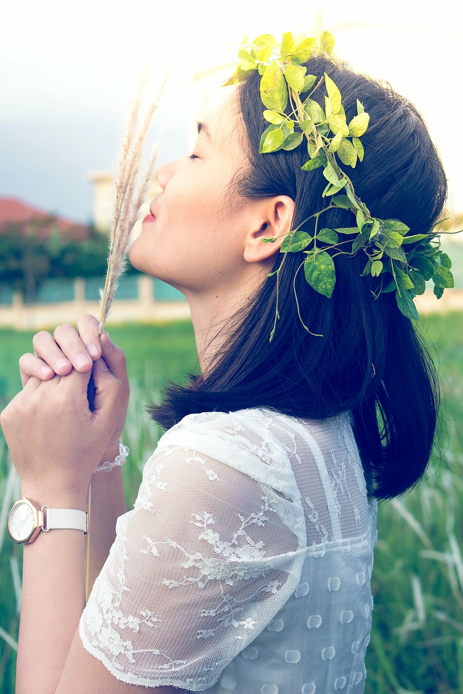 woman sniffing hay, spring, asia, wheat, calm, peaceful, human body part HD wallpaper