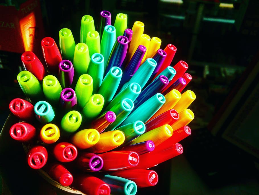 pens, game paints, bright, various colors, colorful, closeup, HD wallpaper