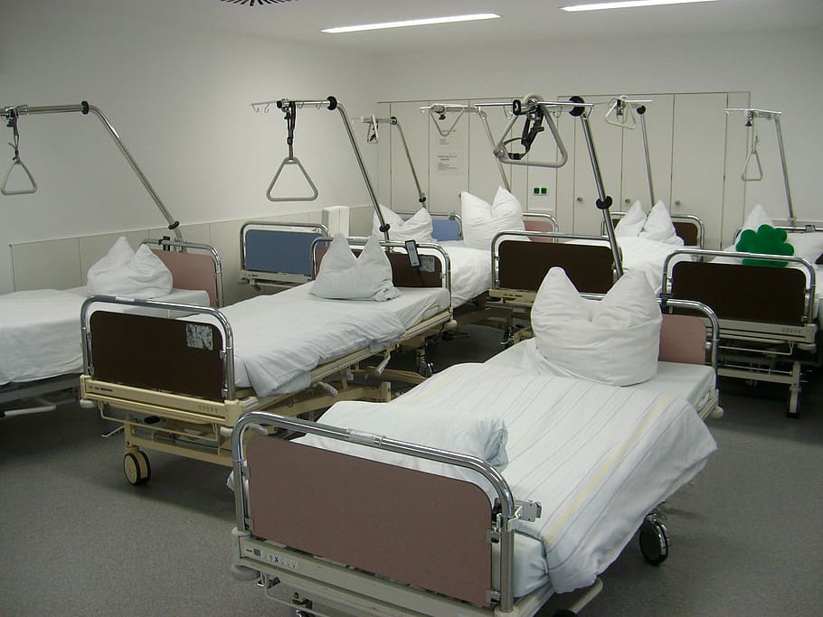six assorted-color hospital beds, bedside, ceiling, rod, station HD wallpaper