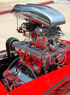 red and silver engine part on surface, car engine, motor, vehicle HD wallpaper
