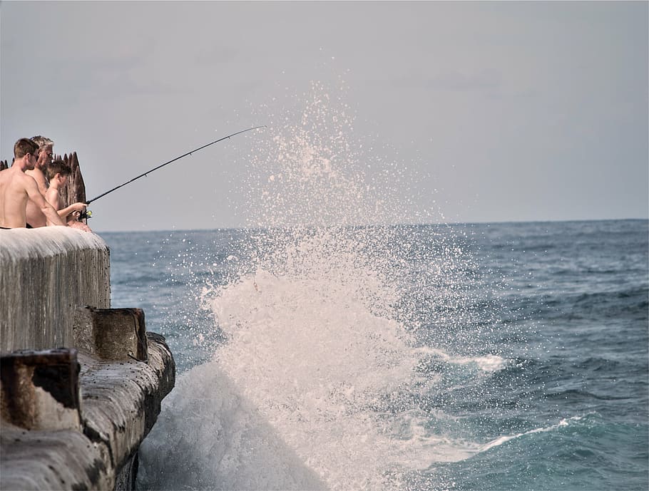 boys fishing during daytime, men, photo, dock, pier, splash, water, HD wallpaper