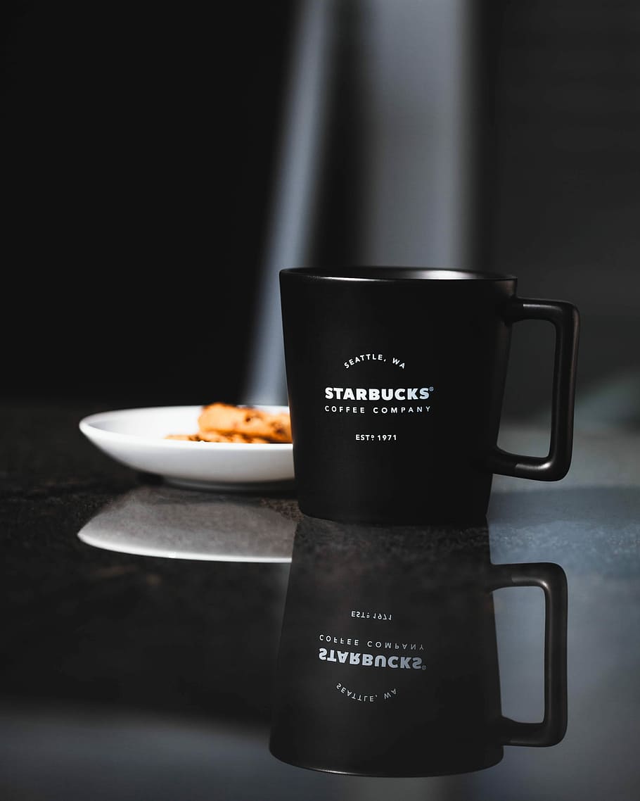 “coffee”, black and white Starbucks ceramic mug, minimalism, HD wallpaper