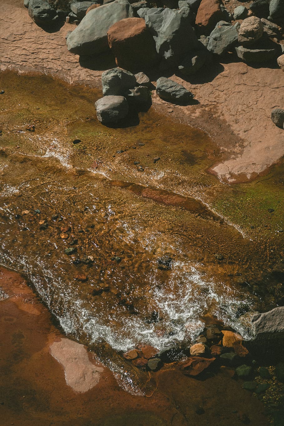 aerial view photography of lake, stream beside rocks aerial photography HD wallpaper