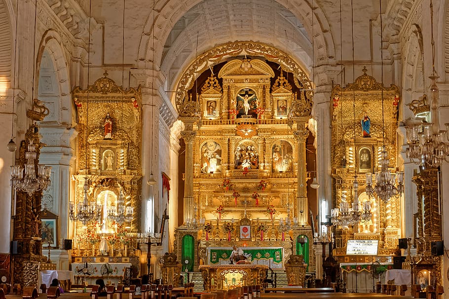 brass-colored church interior, goa, religion, altar, catholicism, HD wallpaper