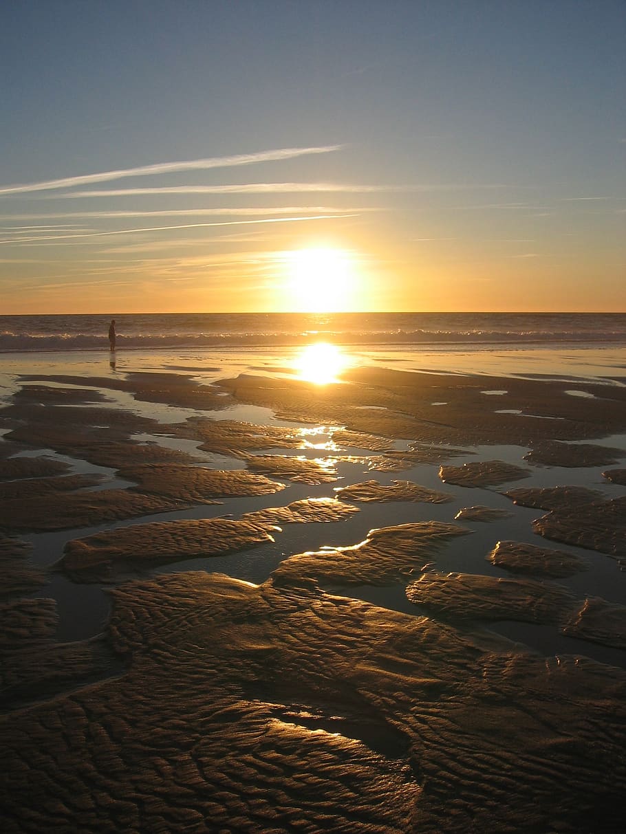sunset, backlighting, sea, beach, ebb, sand, sandbanks, abendstimmung HD wallpaper