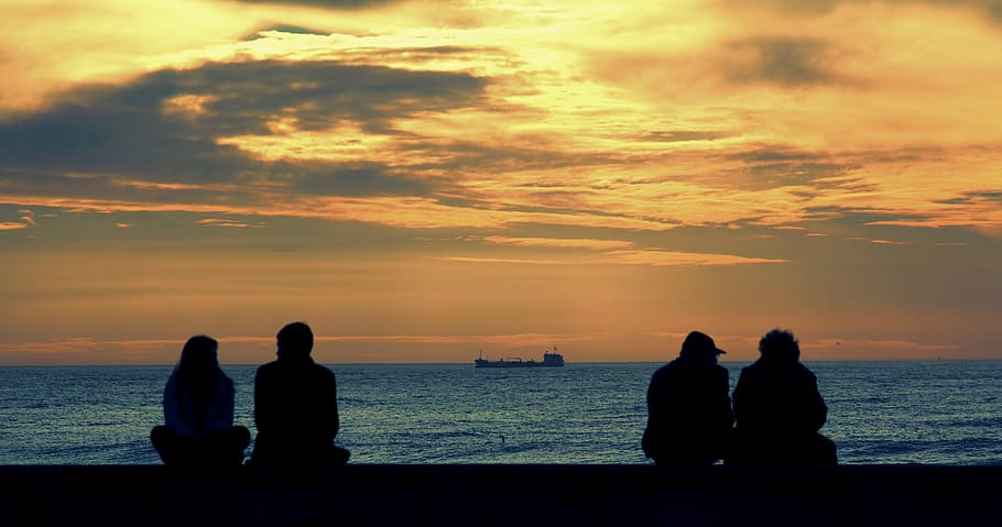 sunset, sky, waters, clouds, mar, nature, boat, panorama, ocean HD wallpaper