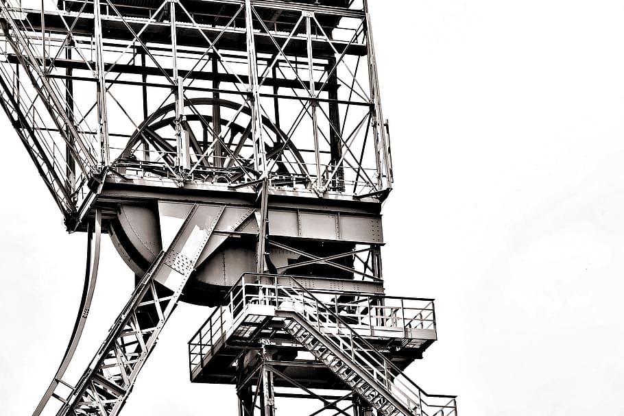 grayscale photo of equipment, bill, mining, industrial heritage, HD wallpaper