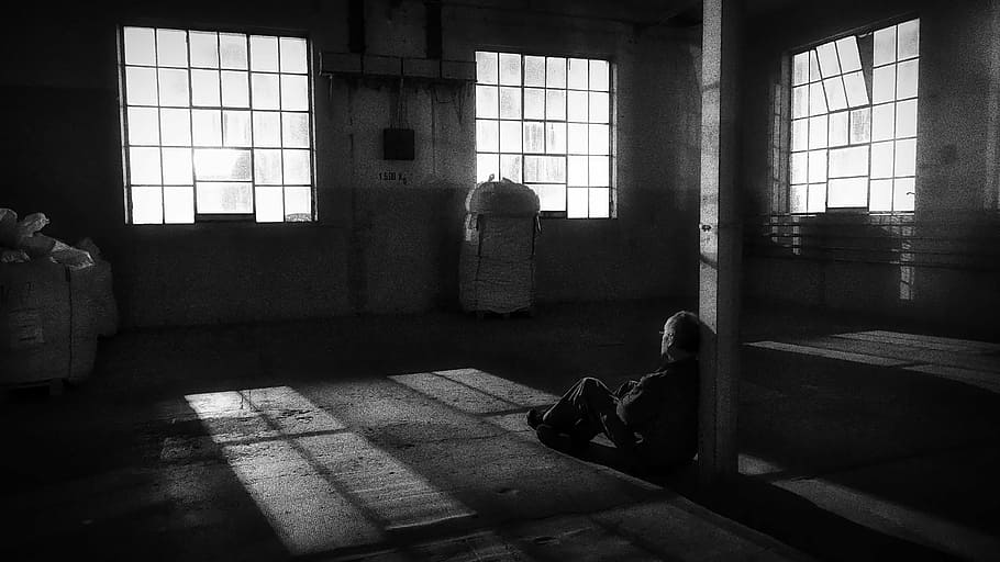HD wallpaper: night, shadow, light, black white, window, man lying on ...