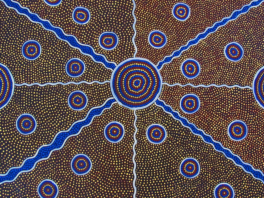 brown and blue artwork, gray, textile, aboriginal art, aboriginal painting, HD wallpaper