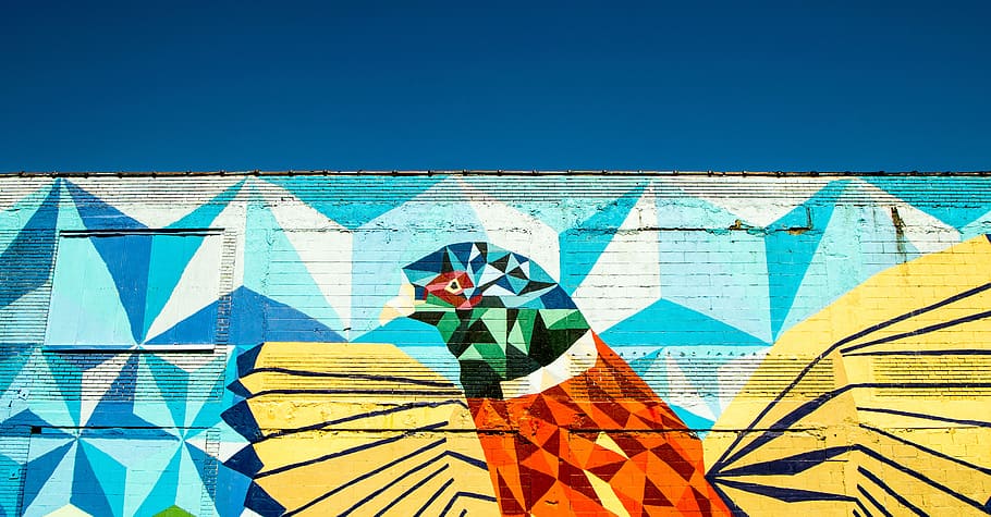 bird mural during daytime, yellow, orange, and teal bird abstract painting HD wallpaper