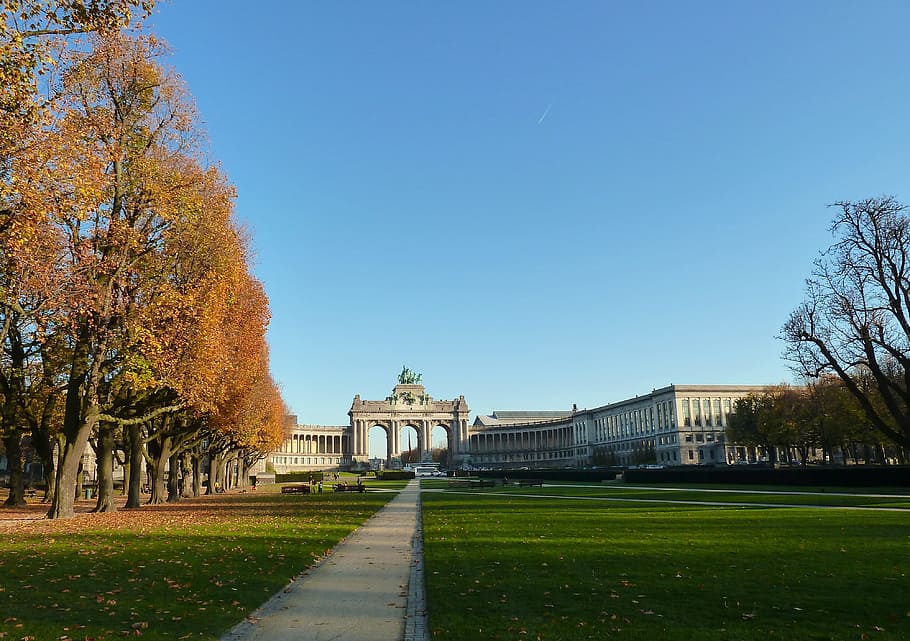 concrete arch near trees, Brussels, Belgium, Clouds, Scenic HD wallpaper