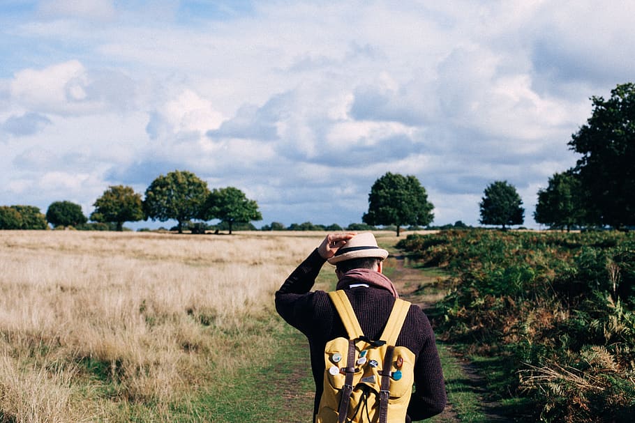 people, man, walking, bag, cap, hat, clothing, farm, field HD wallpaper
