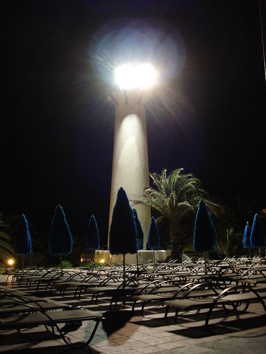 Lighthouse, Sea, Coast, Tower, concerns, sun loungers, night HD wallpaper