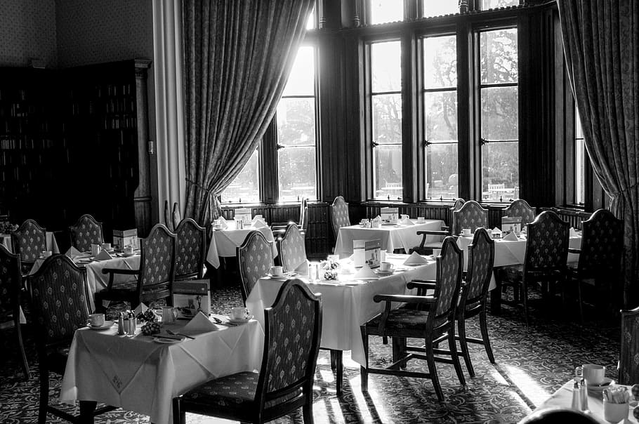 grayscale photography of dining room, restaurant, classic, interior HD wallpaper