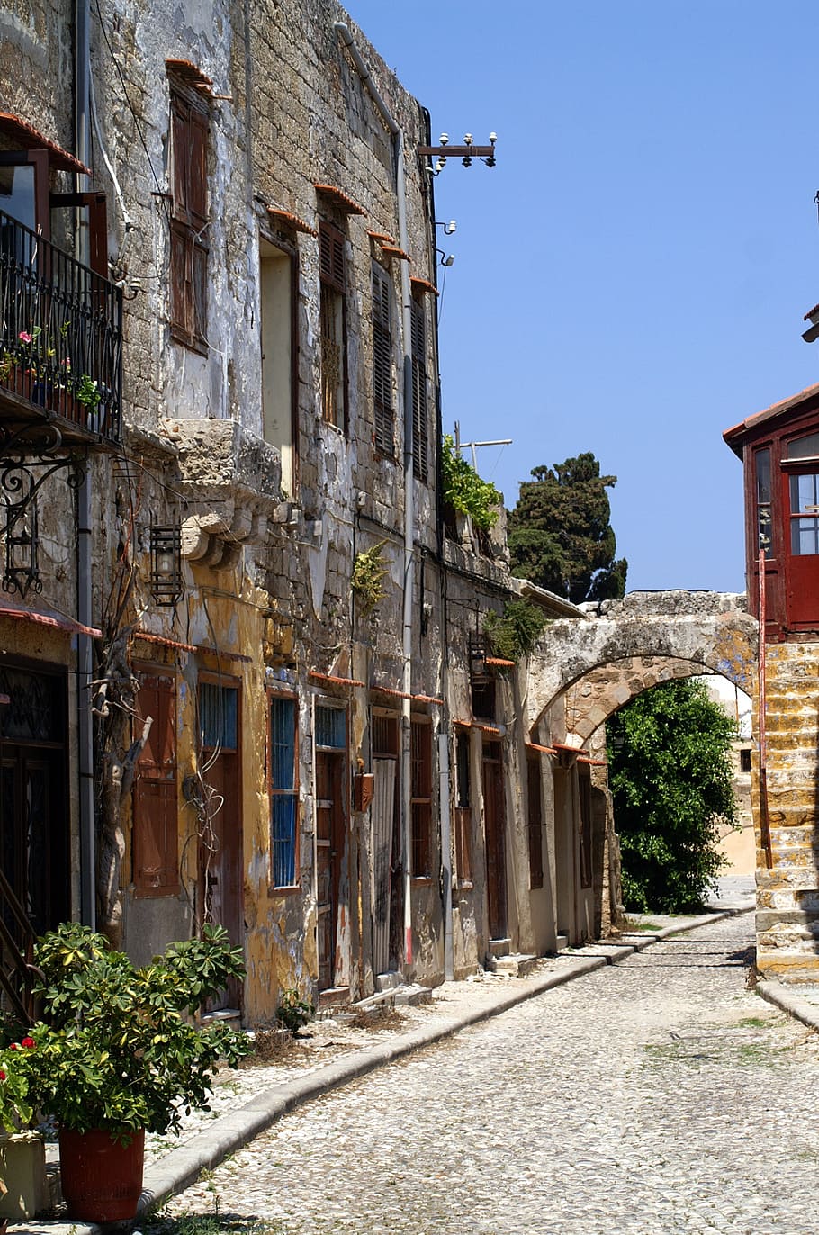 greece, rhodes, old houses, cobblestones, facade, old town, HD wallpaper