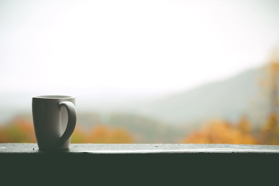 selective focus photography of white mug on balcony, cup, coffee HD wallpaper