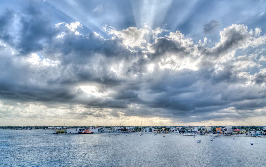 clouds, sun rays, water, panoramic, sky, nature, sea, landscape HD wallpaper