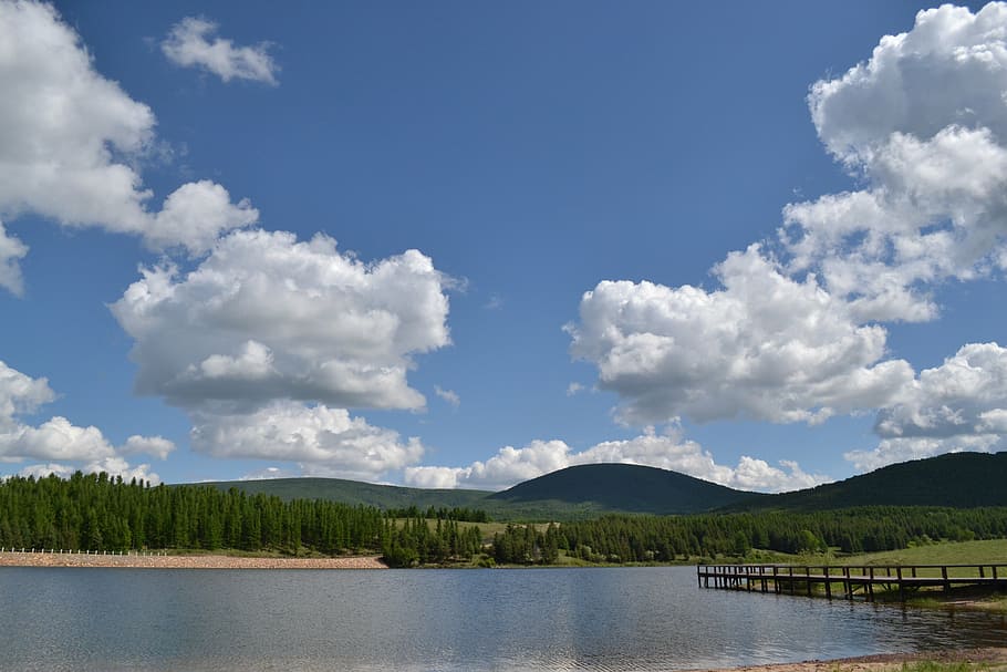 blue sky, white cloud, lake, cloud - sky, scenics, reflection HD wallpaper
