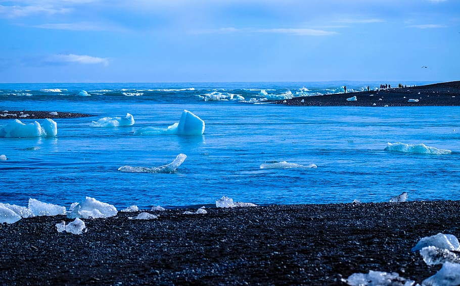 cold, iceberg, sea, landscape, beach, calm waters, clouds, coast HD wallpaper