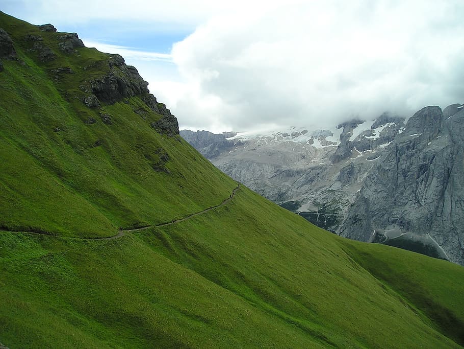 marmolada north wall, bindelweg, singletrail, clouds, cloudiness HD wallpaper