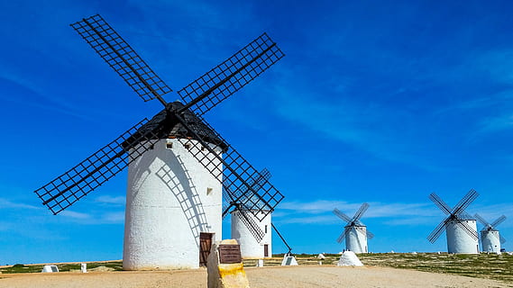 white windmill during day time, sky, travel, power, campo de criptana HD wallpaper