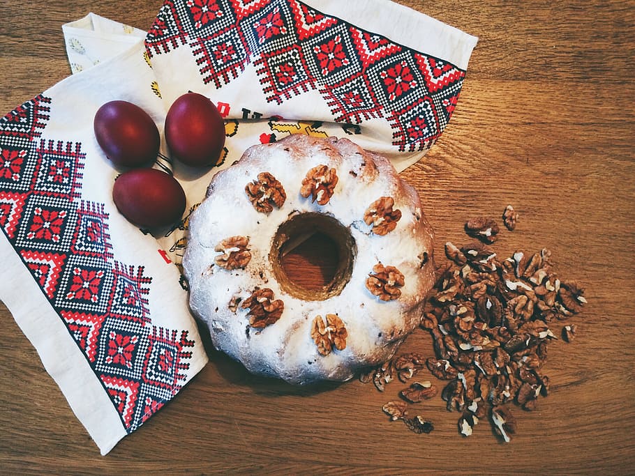 three eggs and bread on table, easter, easter cake, nuts, holiday HD wallpaper