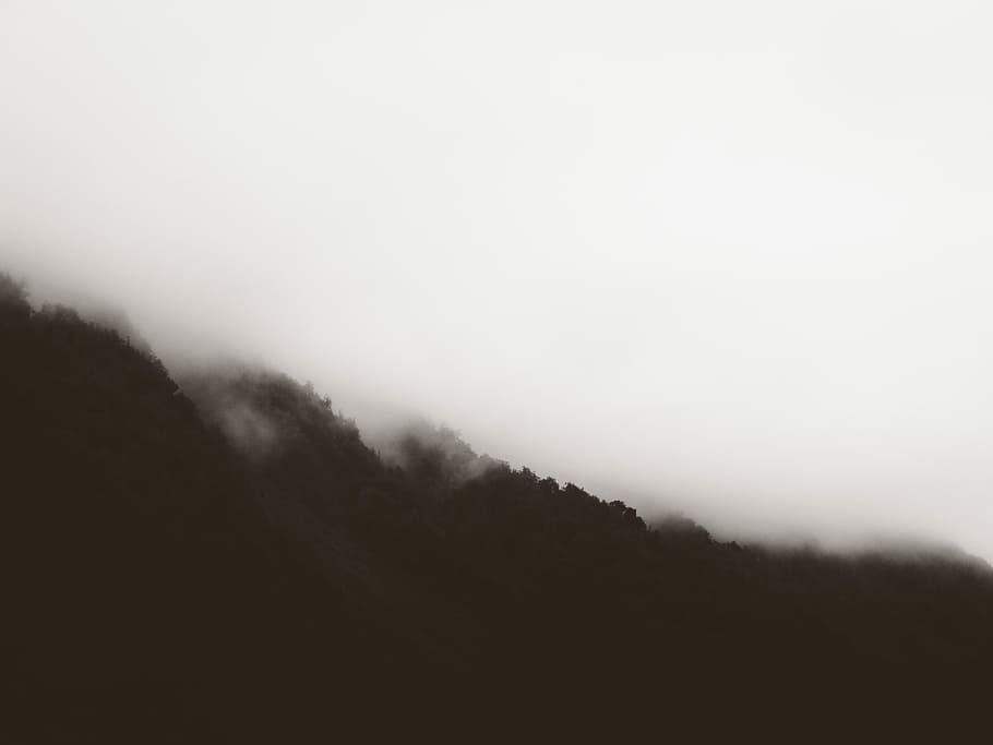 silhouette of mountains, clouds, trees, foggy, slope, tranquility HD wallpaper