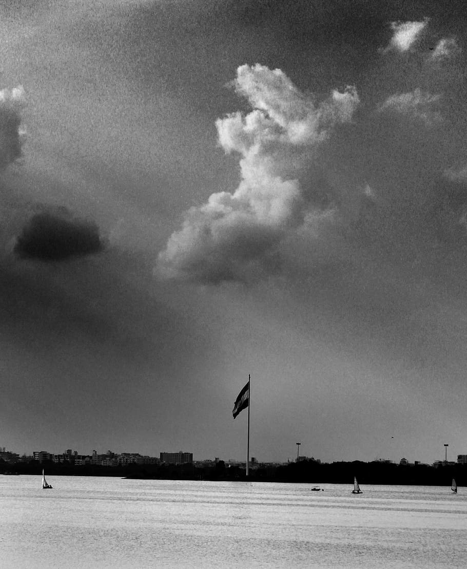 Grayscale Photo of Flag and Clouds, black and white, environment HD wallpaper