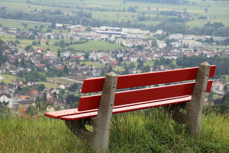 empty red wooden bench, far view, grass, high, panorama, landscape HD wallpaper