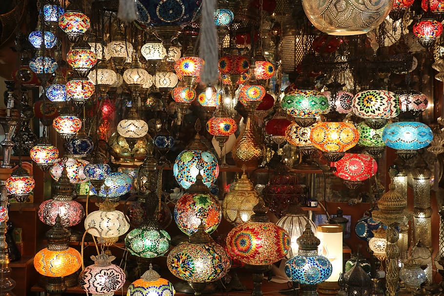 turned-on paper lantern lot, lamp, light, design, electric HD wallpaper