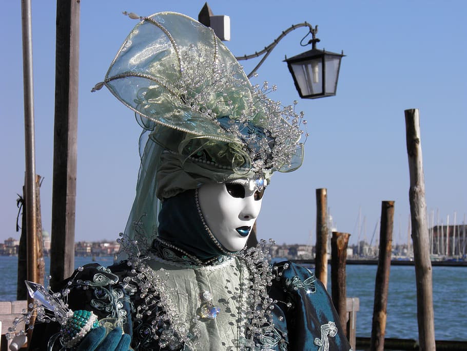 person wearing masquerade mascot near body of water at daytime