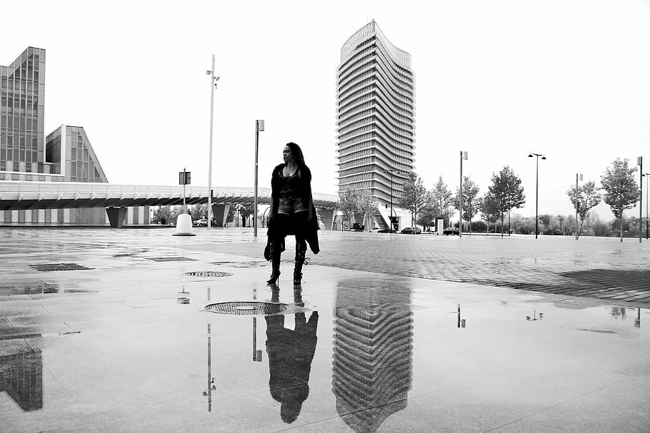 women, reflection, puddle, water, city, street, wet, tourism HD wallpaper