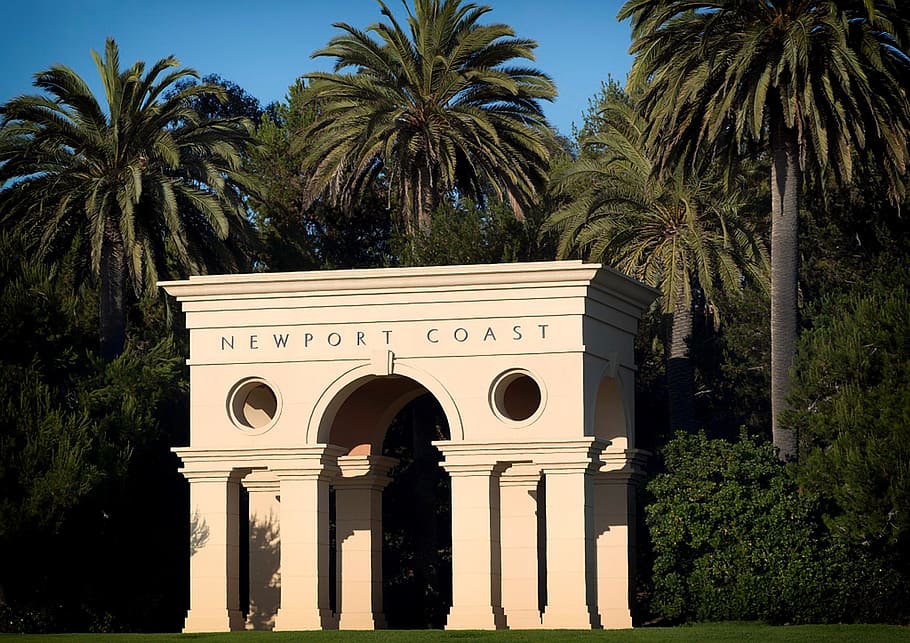 newport beach, california, memorial, arch, landmark, palms, HD wallpaper