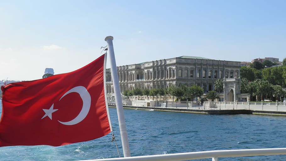turkey, bosphorus, turkish flag, water, transportation, sky HD wallpaper