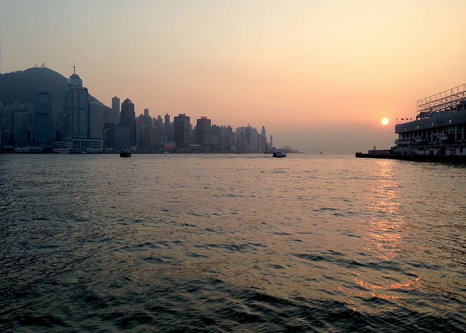 china, city, hong kong, hongkong, lake, skyline, sunrise, sunset