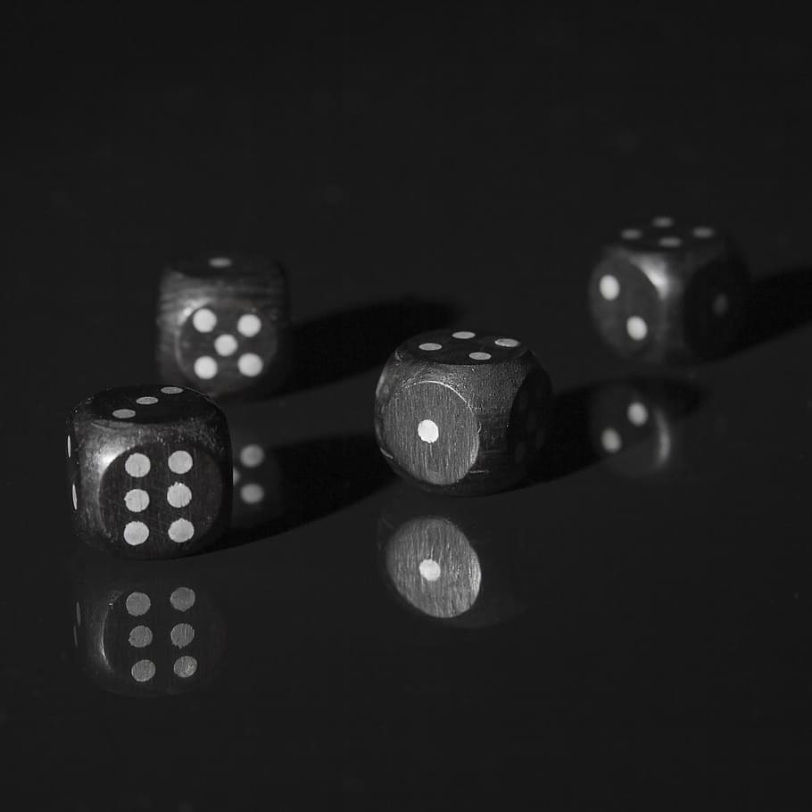 four black-and-white dices, game, random, number, cube, shadow, HD wallpaper