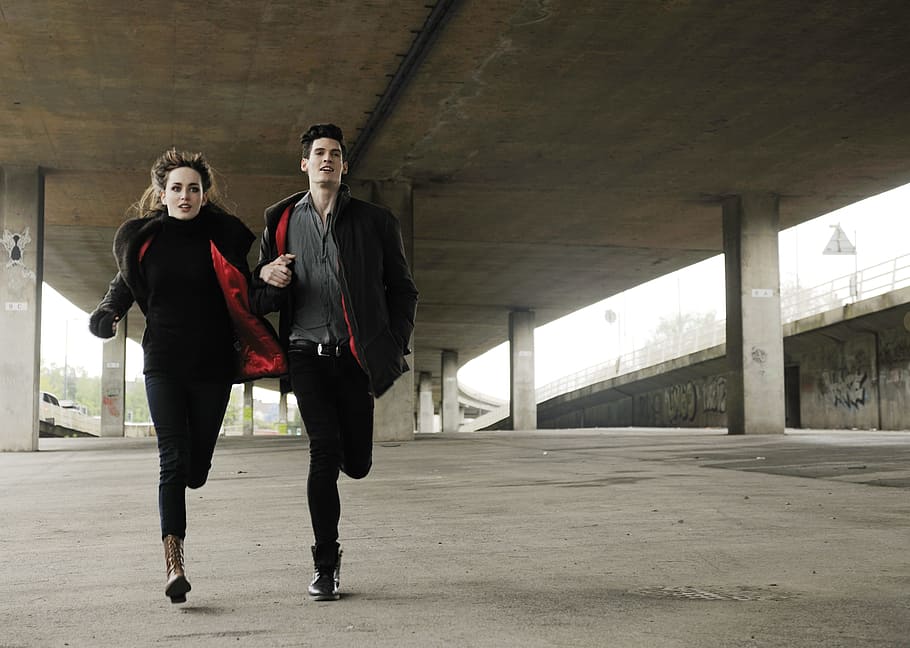 two man and woman in running gesture, couple, action, people HD wallpaper