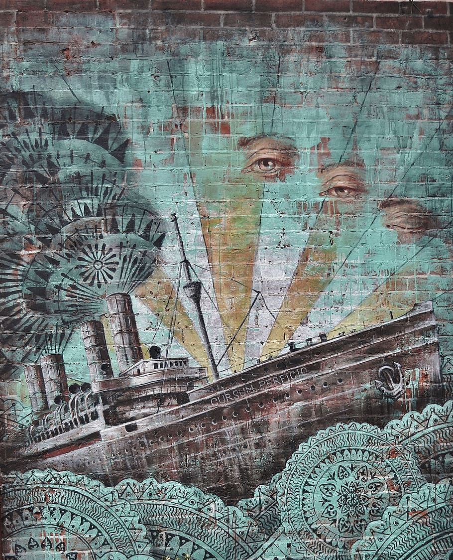 Ship and Human Eye Painted on Wall, abstract, art, artistic, city, HD wallpaper