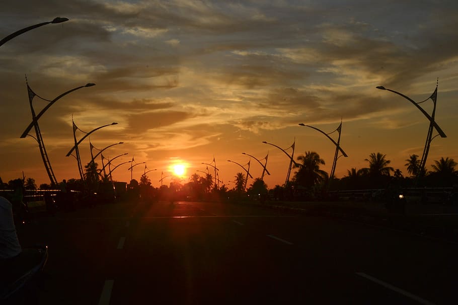 Sunset, Clouds, Sky, Street, Bridge, silhouette, nature, outdoors HD wallpaper
