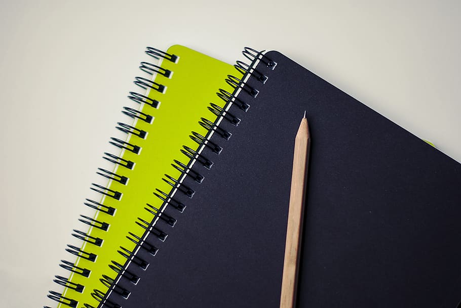 brown pencil on black spiral notebook, notepad, green, paper HD wallpaper